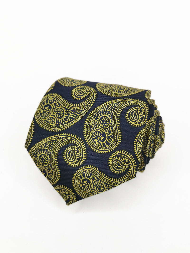 Corbata azul marino paisley gigante amarillo