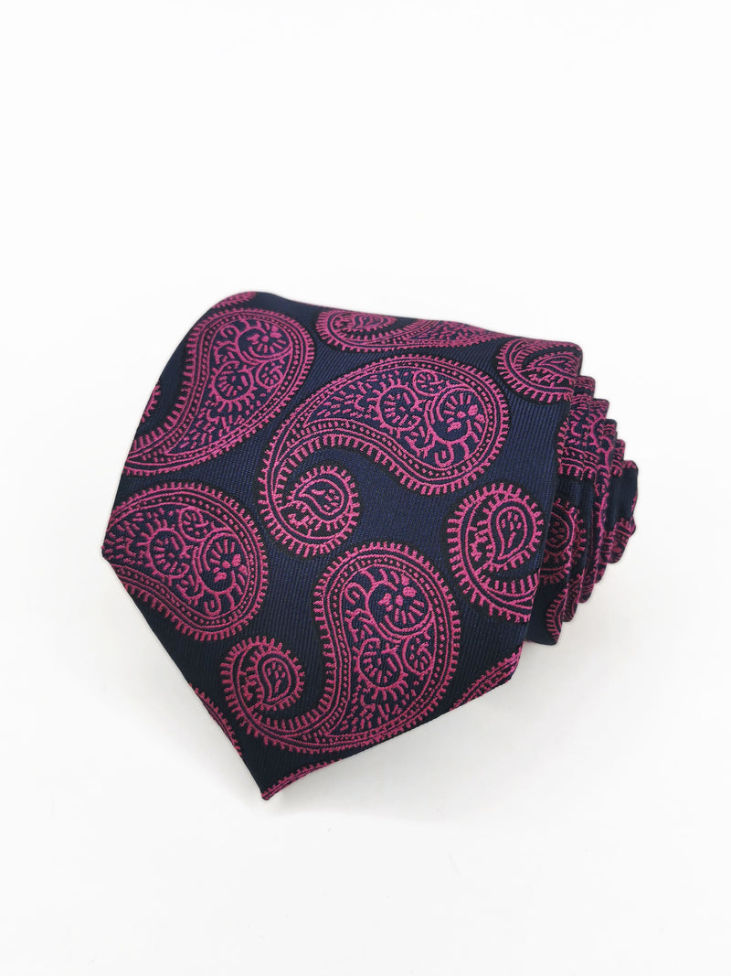 Corbata azul marino paisley gigante rosa fucsia