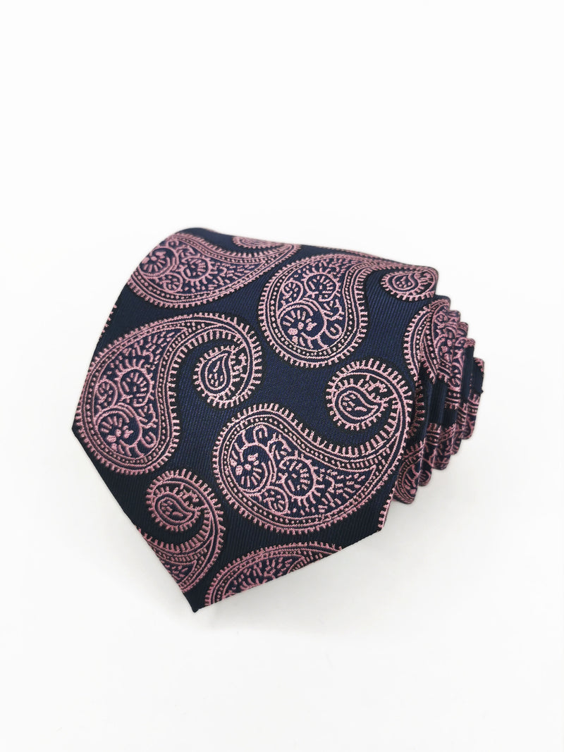 Corbata azul marino paisley gigante rosa