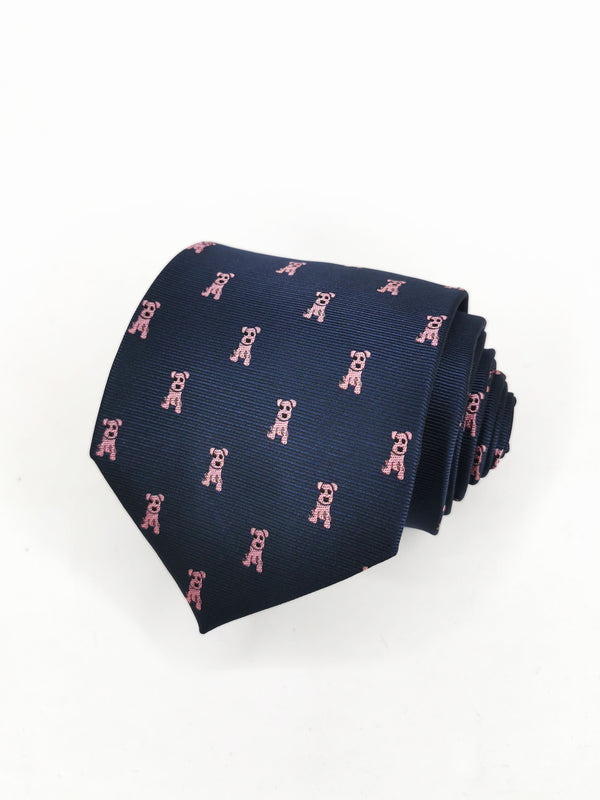 Corbata azul marino con perros rosas