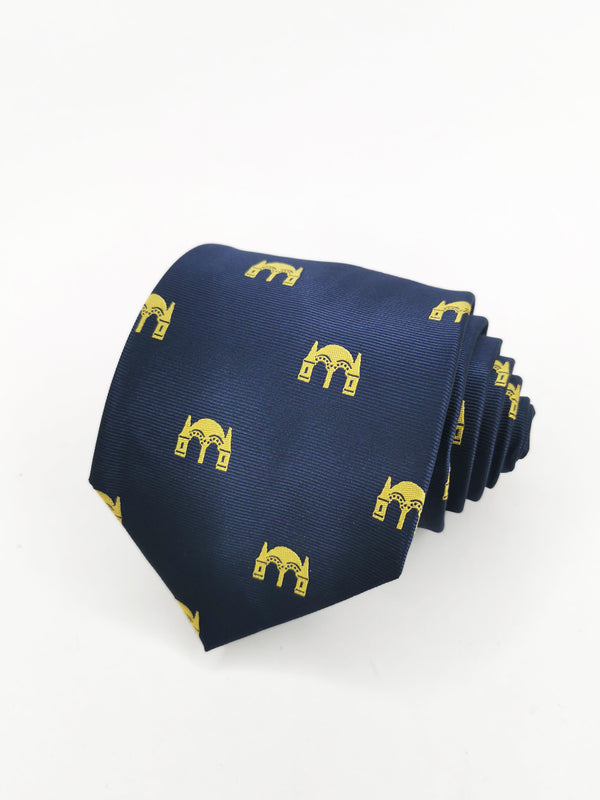 Corbata azul marino con portada feria expo amarilla