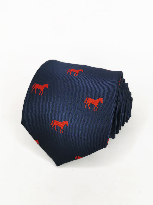 Corbata azul marino con caballos rojos
