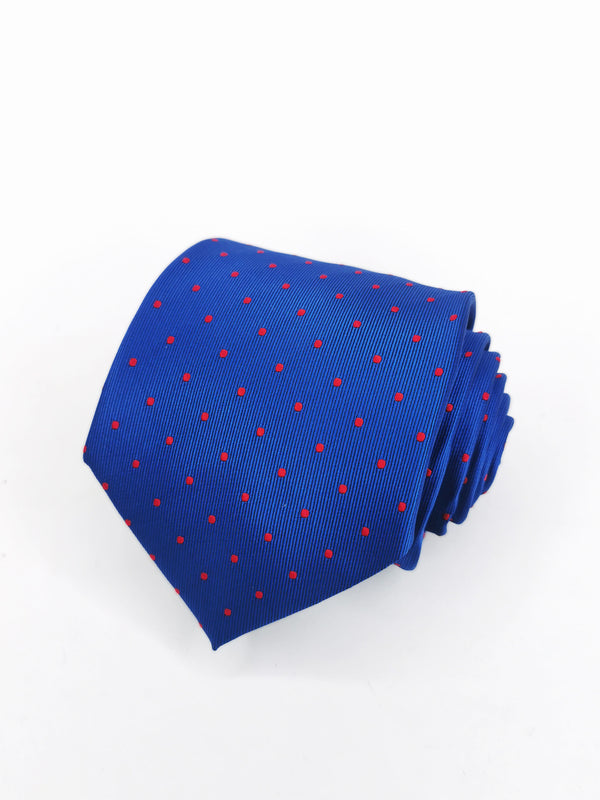 Blue tie with medium red polka dots