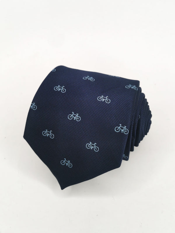Corbata azul marino con bicicletas pequeñas celestes