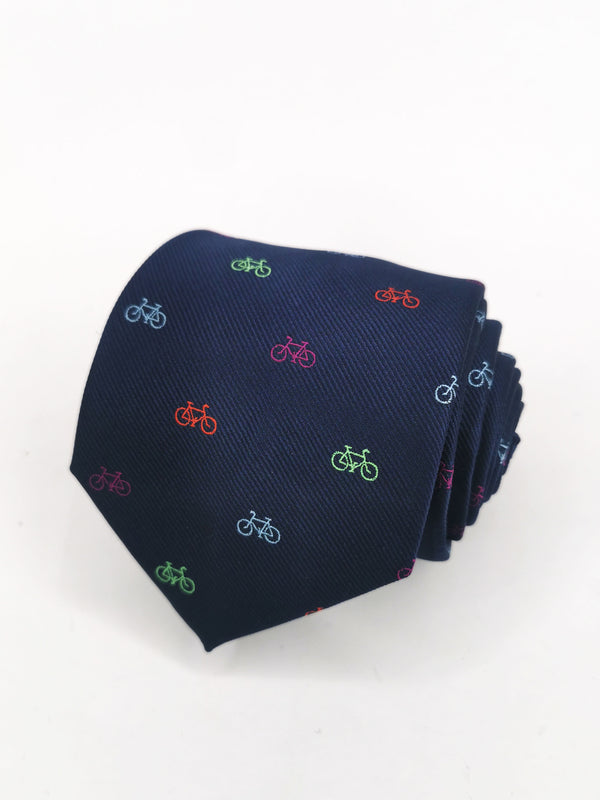 Corbata azul marino con bicicletas pequeñas de colores