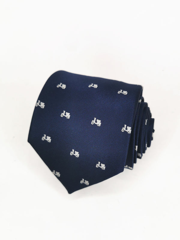 Navy Tie with Small White Motorcycles