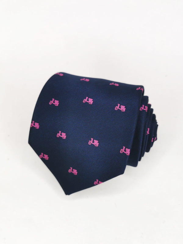 Navy blue tie with small fuchsia pink motorcycles