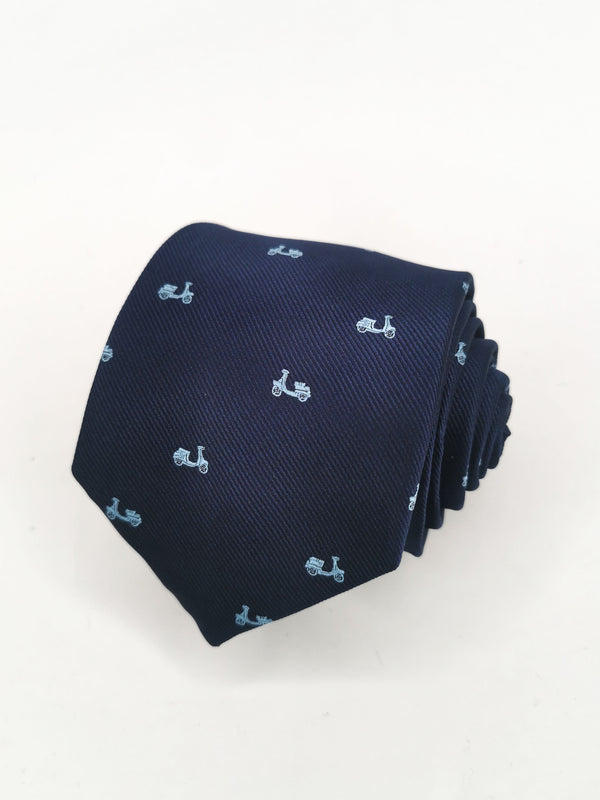 Corbata azul marino con motos vespas pequeñas celestes