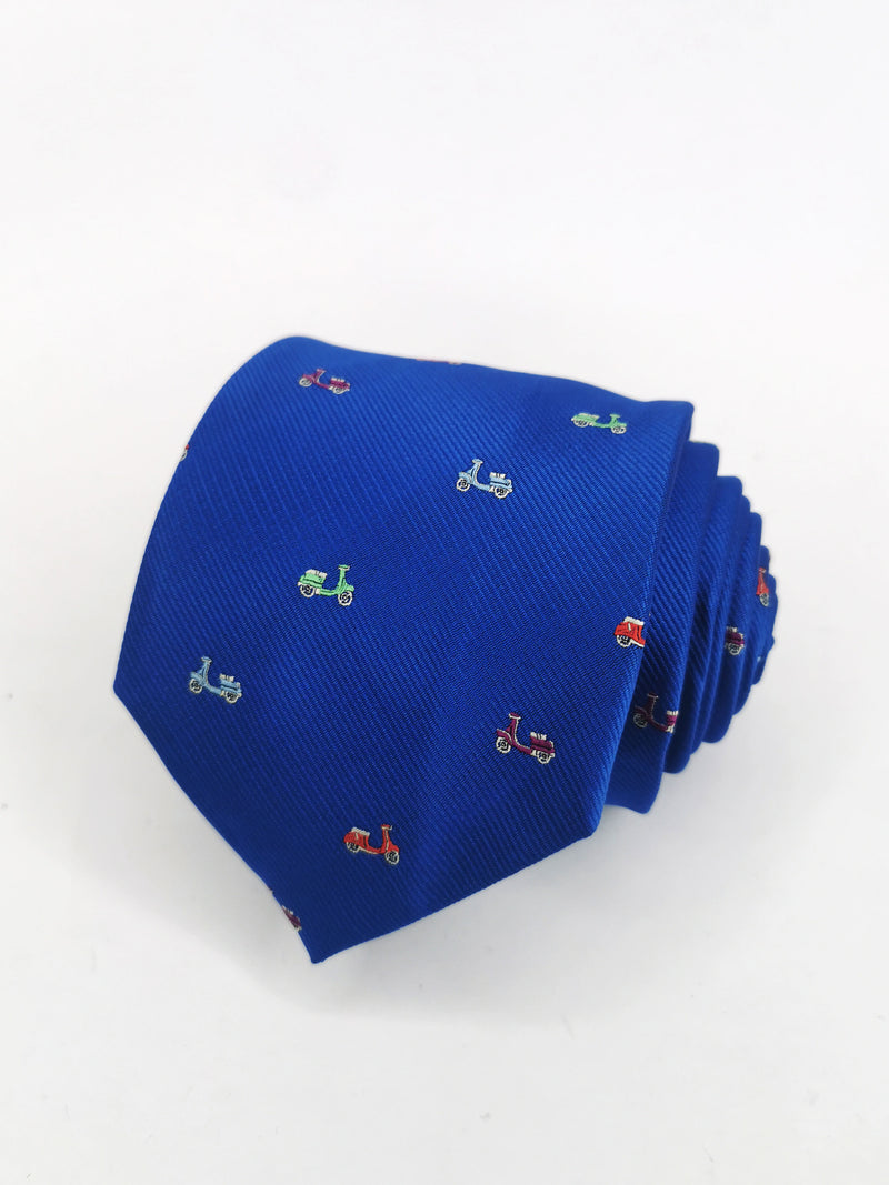 Corbata azul con motos vespas pequeñas multicolor