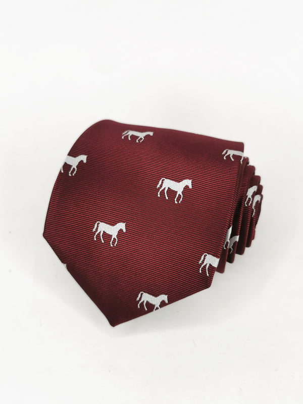 Burgundy tie with white horses