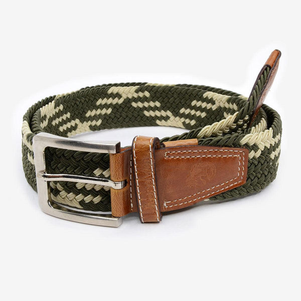 Cinturón trenzado elástico verde militar y beige - DiversoMen