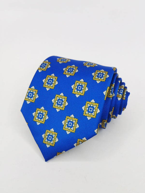 Corbata azul con cuadros geometricos mostazas - DiversoMen