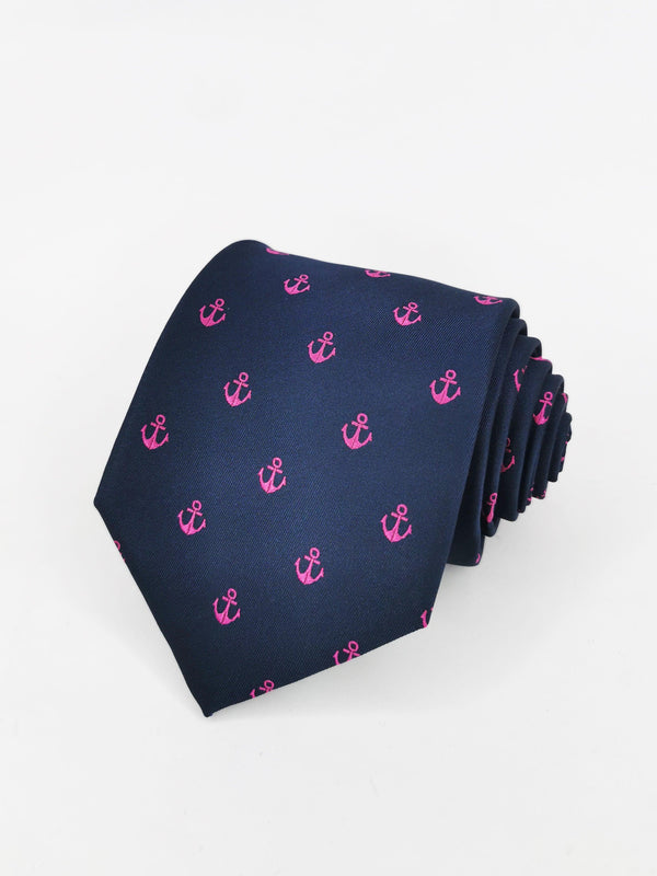 Corbata azul marino con anclas rosas fucsia - DiversoMen