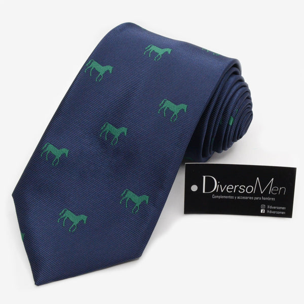 Corbata azul marino con caballos verdes - DiversoMen