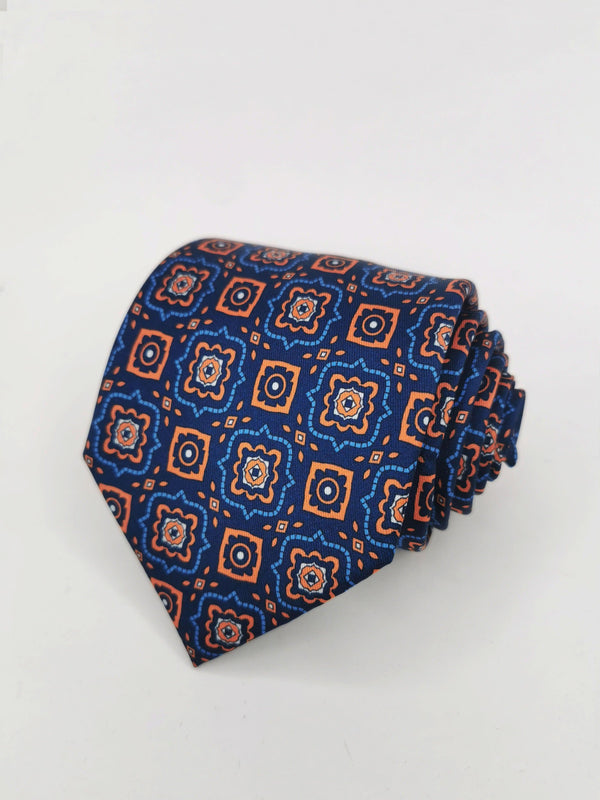 Corbata azul marino con rosetas y cuadros naranjas - DiversoMen