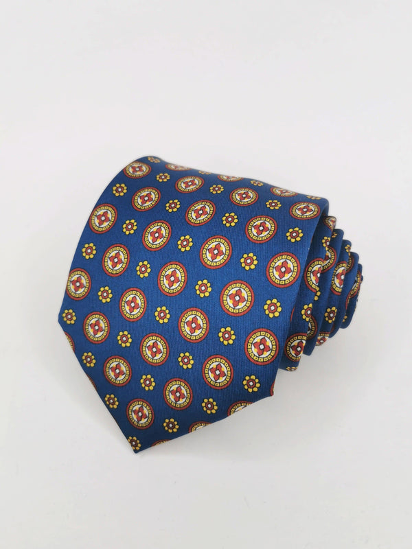 Corbata azul petroleo con medallones y flores amarillas y rojas - DiversoMen