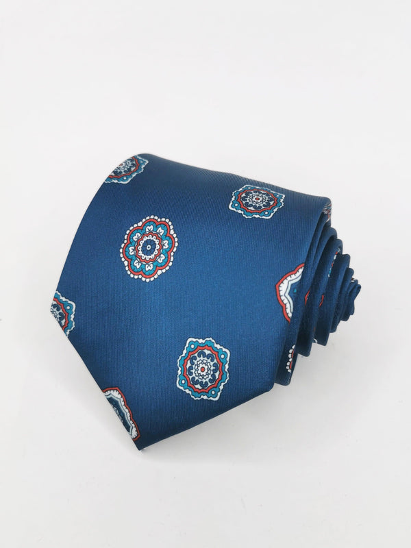Corbata azul petroleo con rosetas rojas y blancas - DiversoMen