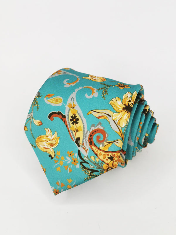 Corbata seda turquesa con flores grandes - DiversoMen