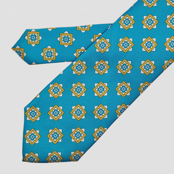 Corbata turquesa con cuadros geometricos mostazas - DiversoMen