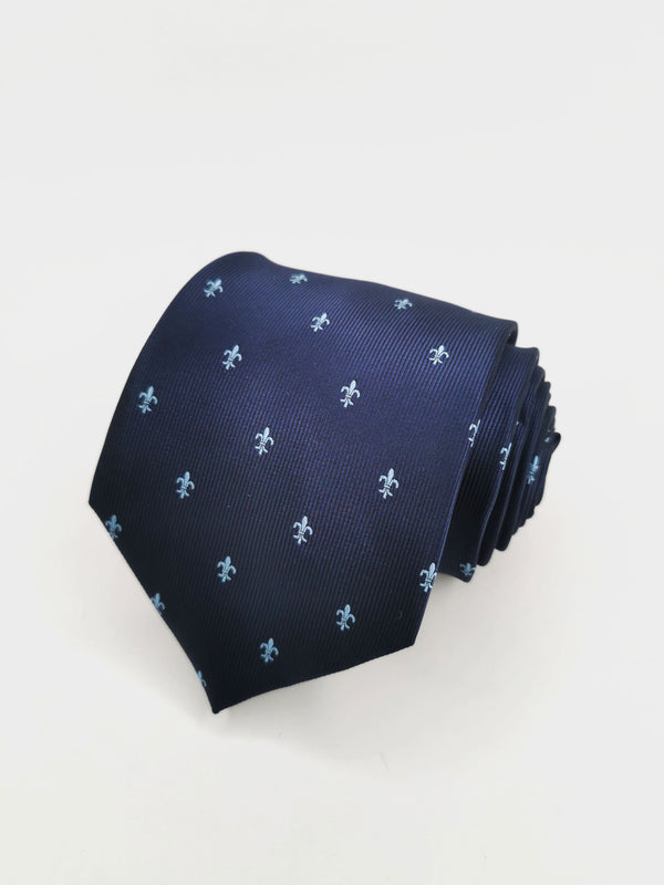 Navy blue tie with light blue fleur de lis