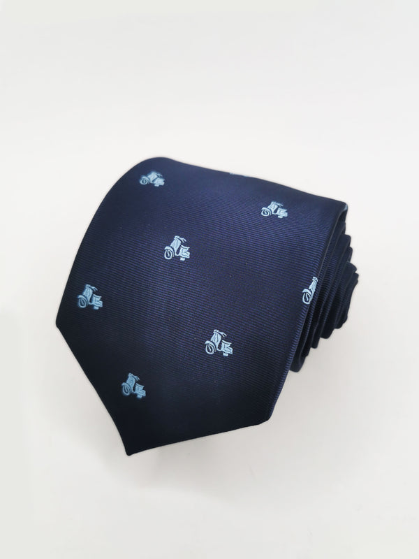 Navy blue tie with light blue Vespa motorcycles