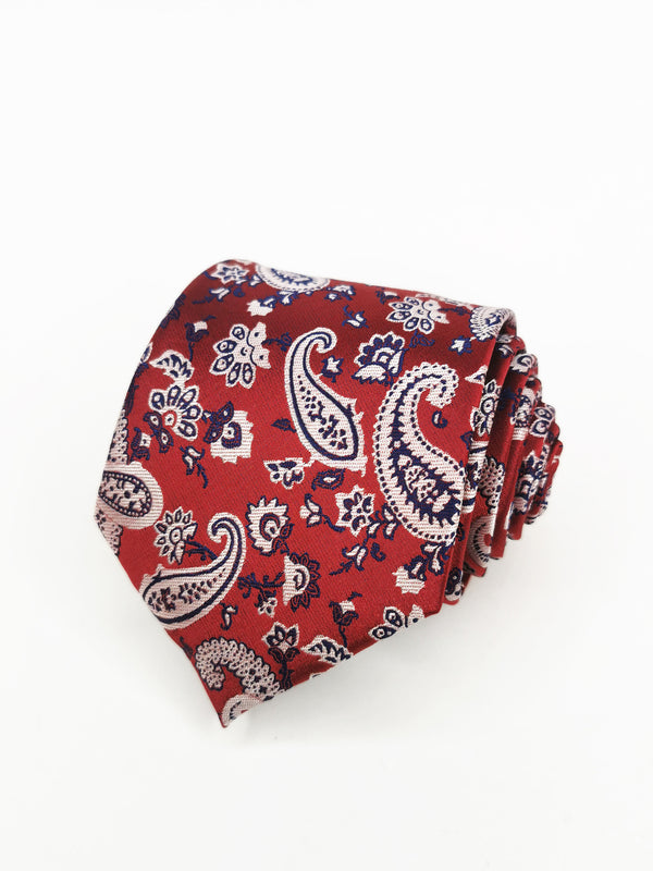 Corbata rojo oscuro con cachemir blanco y azul marino