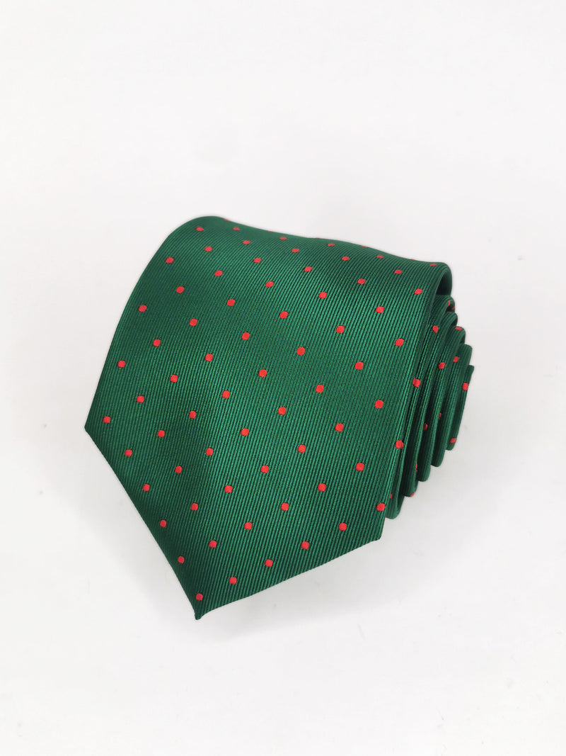 Green tie with medium red polka dots